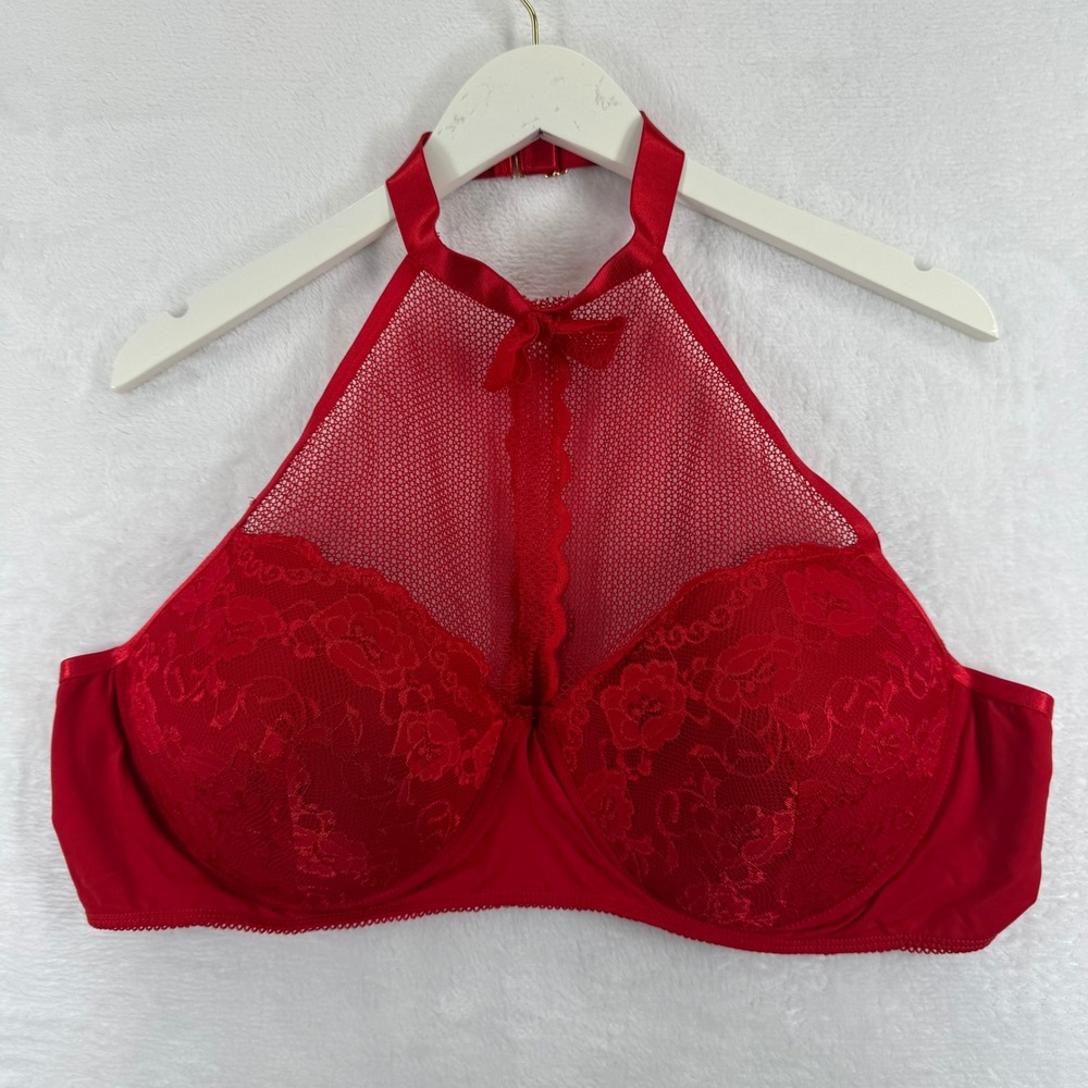 Just Sexy Lingerie Red Halter Bra Lace Mesh Bow Detail‎ Size 3X